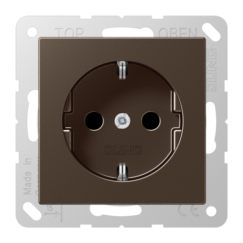 Розетка JUNG A 500, скрытый монтаж, с заземлением, со шторками, мокко