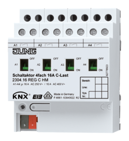 JUNG KNX Актор 4-х канальный 220V AC 12-24V DC 16 A возм ручн упр DIN-рейка